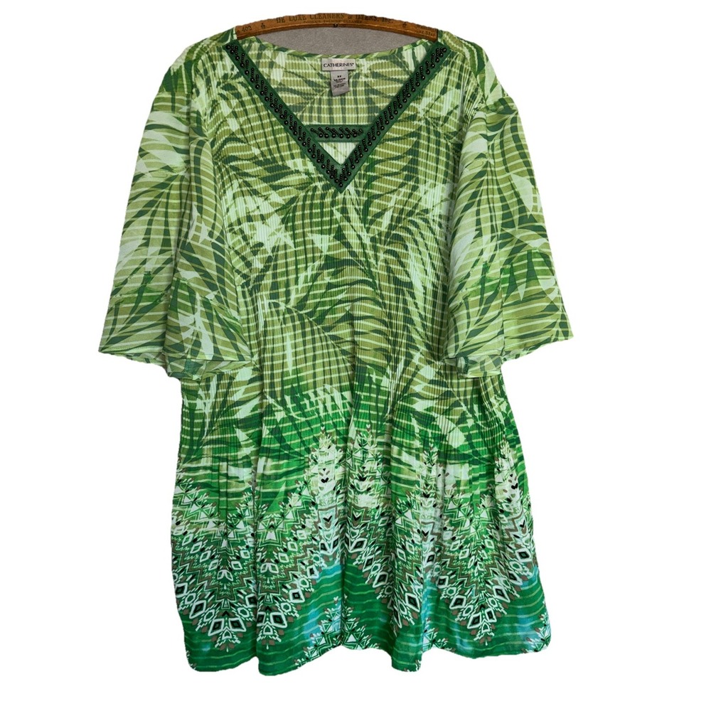 Catherines Crinkle Tunic Blouse 3X Beaded Stretchy Resort Boho‎ Lightweight